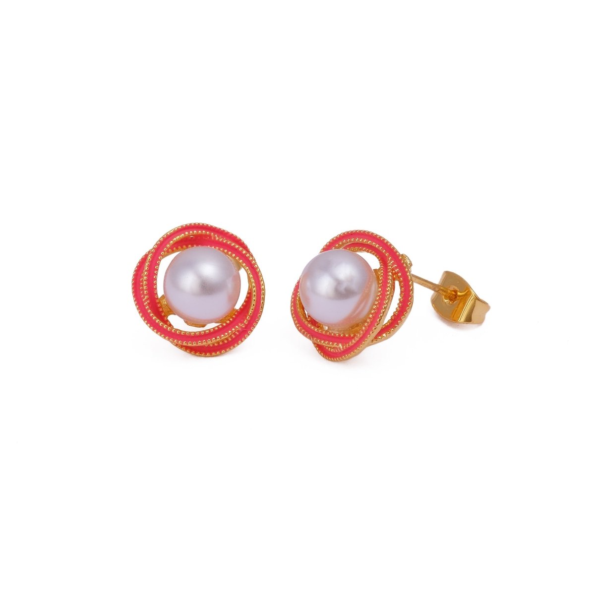 Elegant Enamel Pearl Gemstone Gold Plated Flower Design Twist Earrings