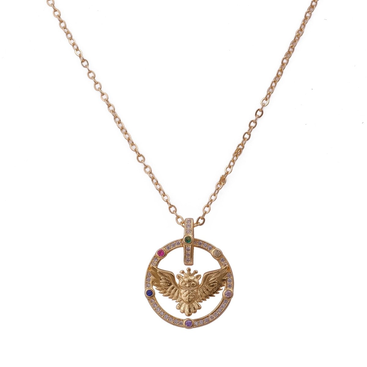Elegant Gold Owl Pendant Necklace with Gemstone Accents – Unique Bird Jewelry, Circle Medallion, Dainty Statement Gift for Her.