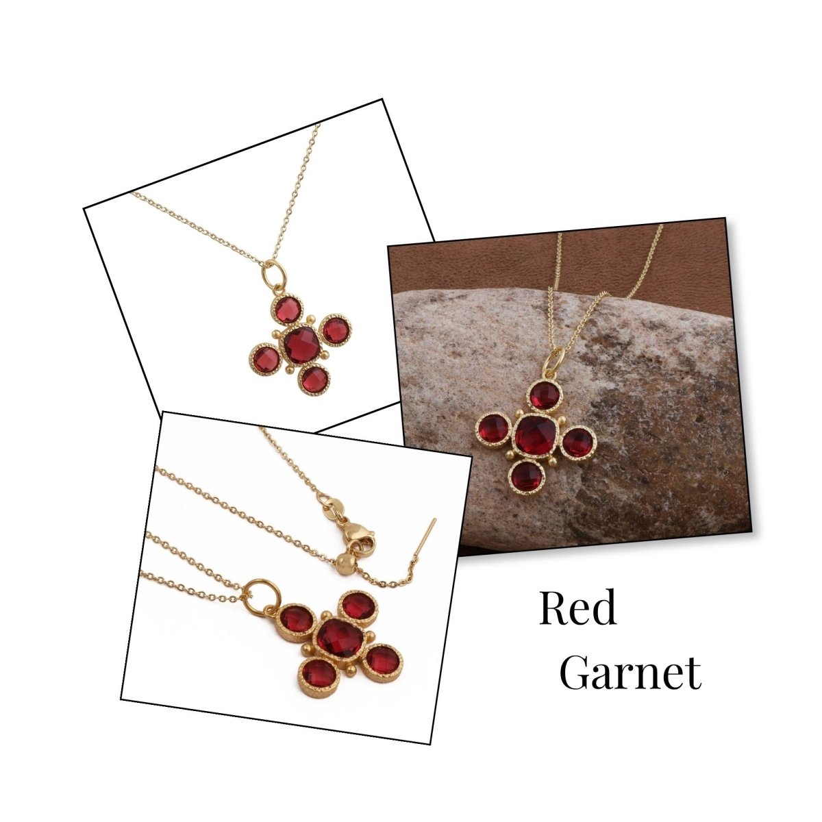 Emerald Cross Pendant Necklace, Gold Plated Bezel Set Jewelry 5388 Red Garnet