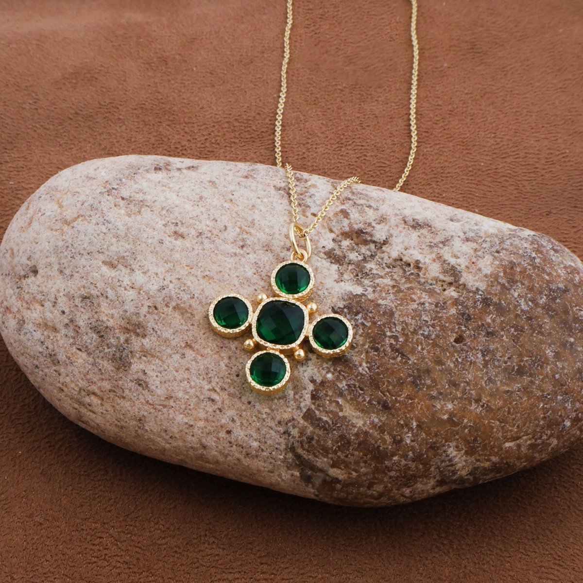 Emerald Cross Pendant Necklace, Gold Plated Bezel Set Jewelry 5388