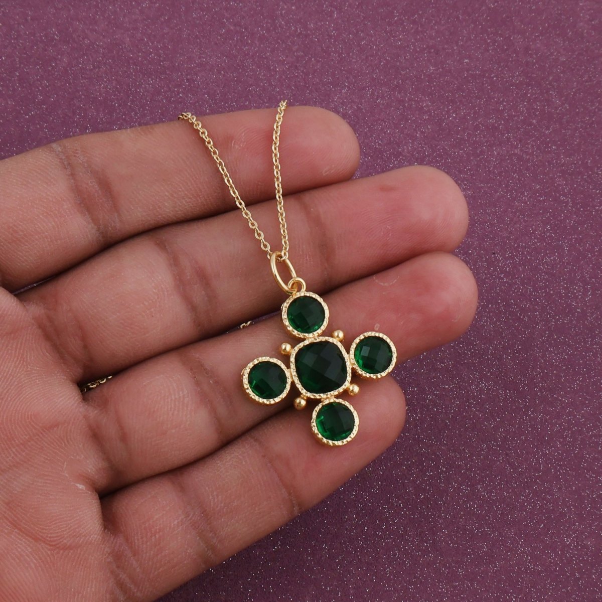 Emerald Cross Pendant Necklace, Gold Plated Bezel Set Jewelry 5388