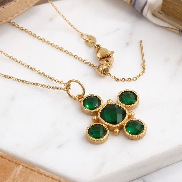 Emerald Cross Pendant Necklace, Gold Plated Bezel Set Jewelry 5388 Emerald