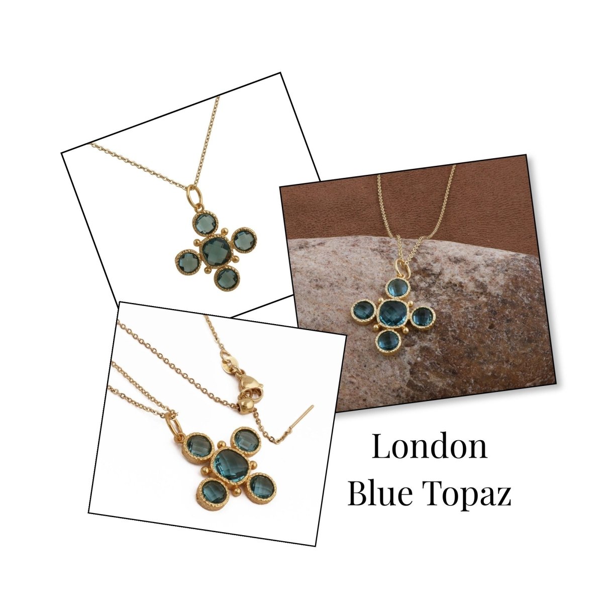 Emerald Cross Pendant Necklace, Gold Plated Bezel Set Jewelry 5388 London Blue Topaz