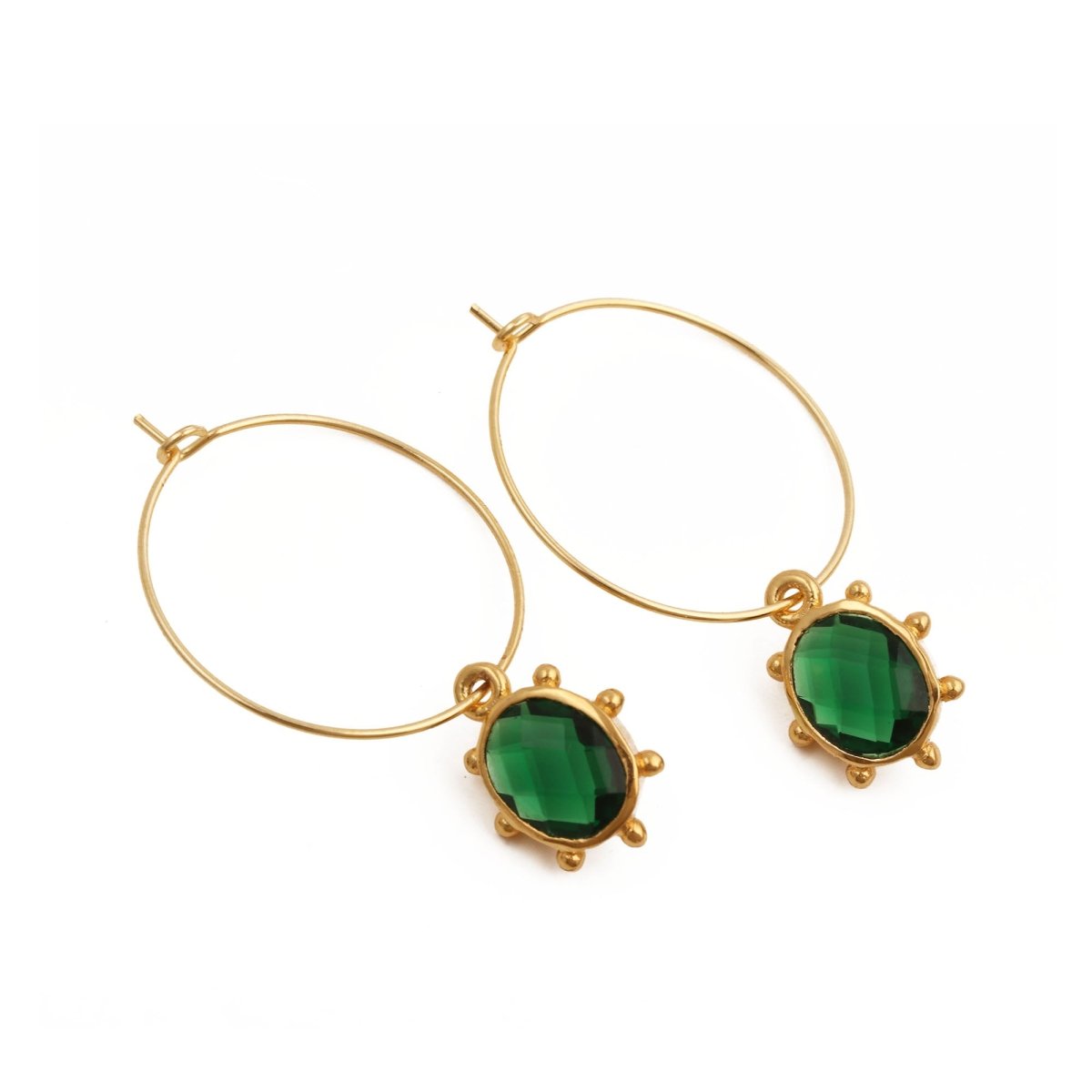 Emerald Faceted Gemstone Hoop Earrings, Gold Plated Drop Hoops 5275