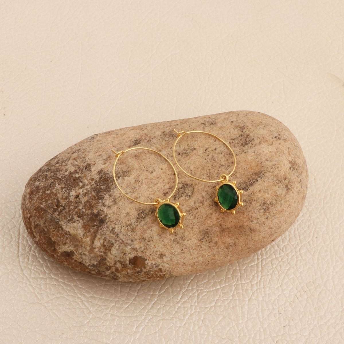 Emerald Faceted Gemstone Hoop Earrings, Gold Plated Drop Hoops 5275