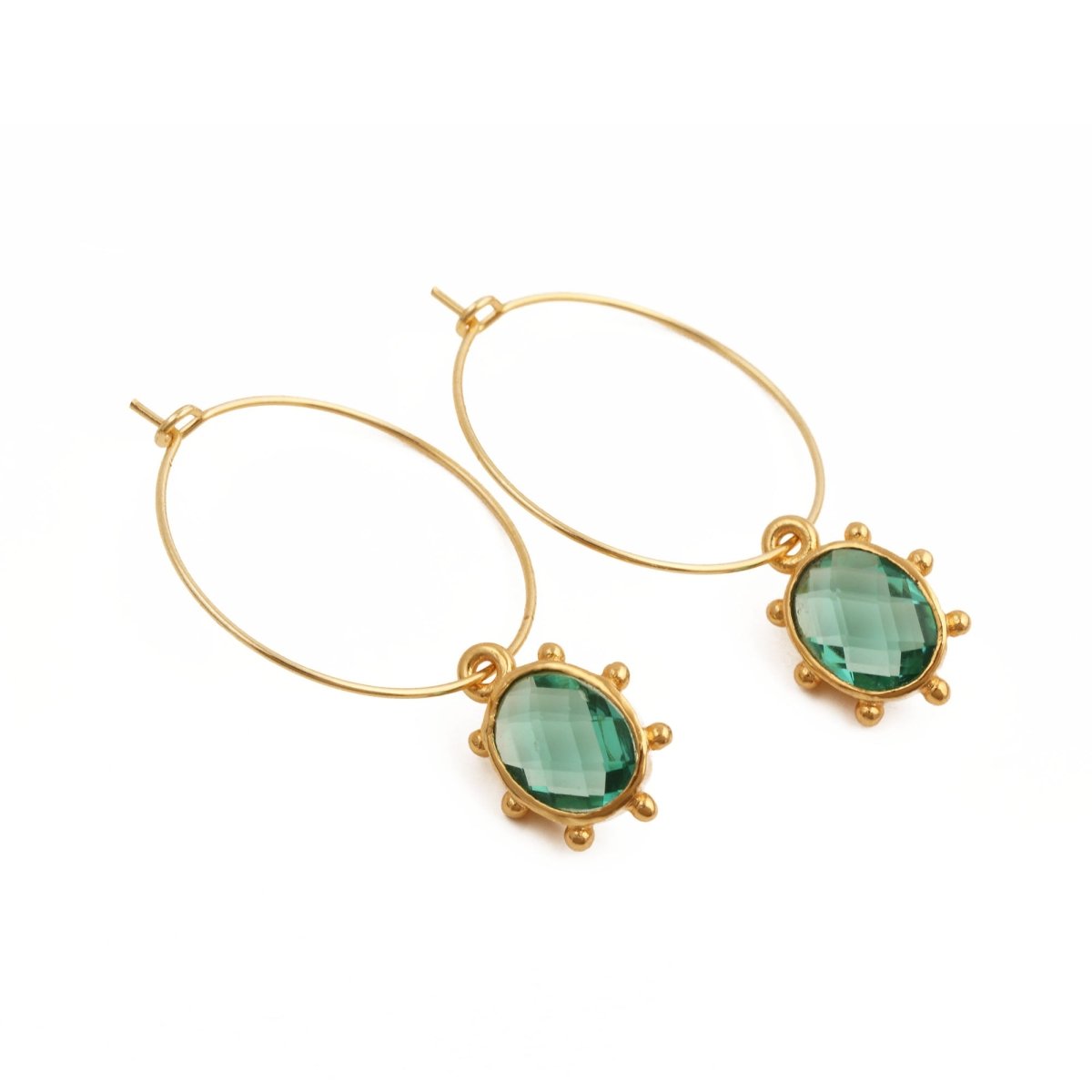 Emerald Faceted Gemstone Hoop Earrings, Gold Plated Drop Hoops 5275