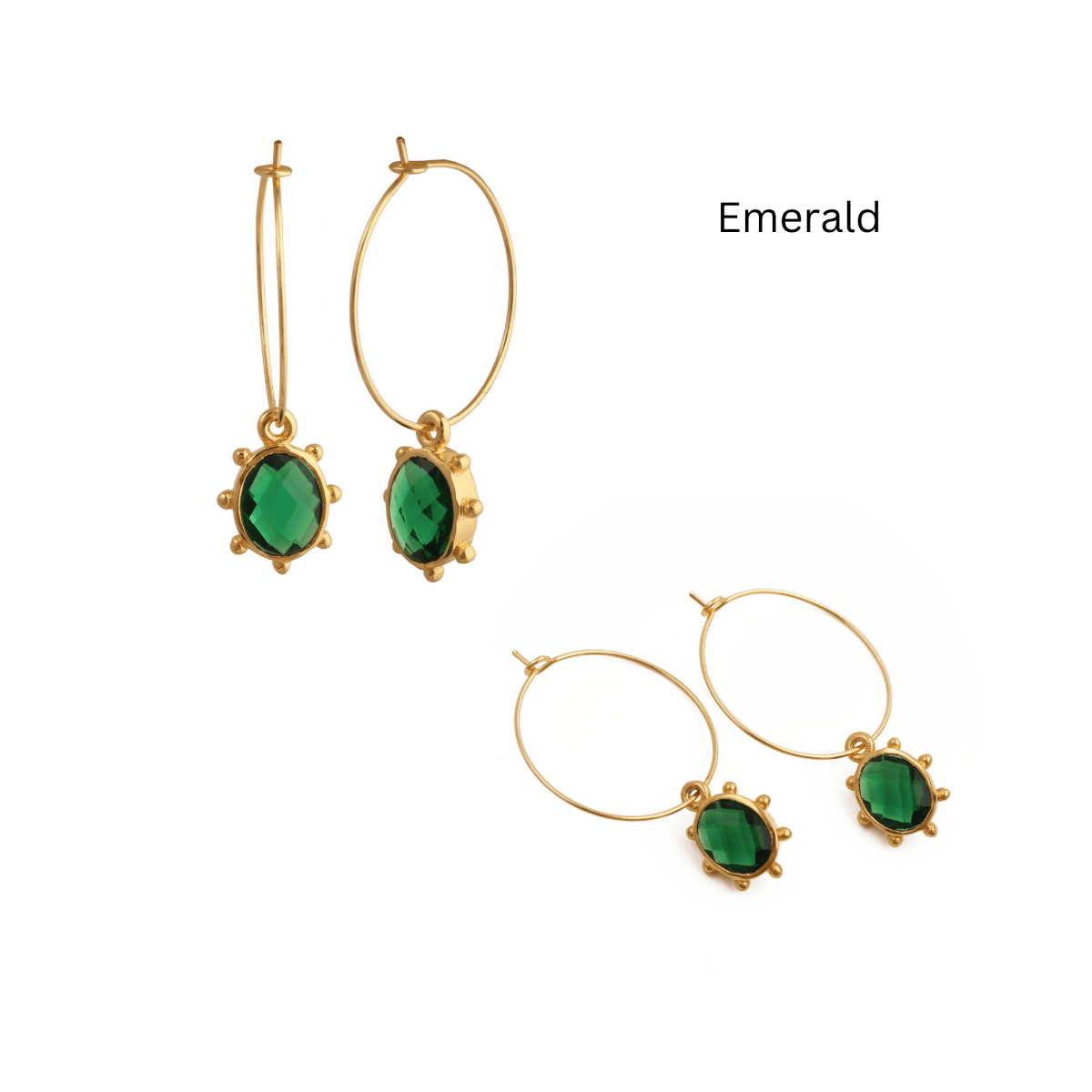 Emerald Faceted Gemstone Hoop Earrings, Gold Plated Drop Hoops 5275