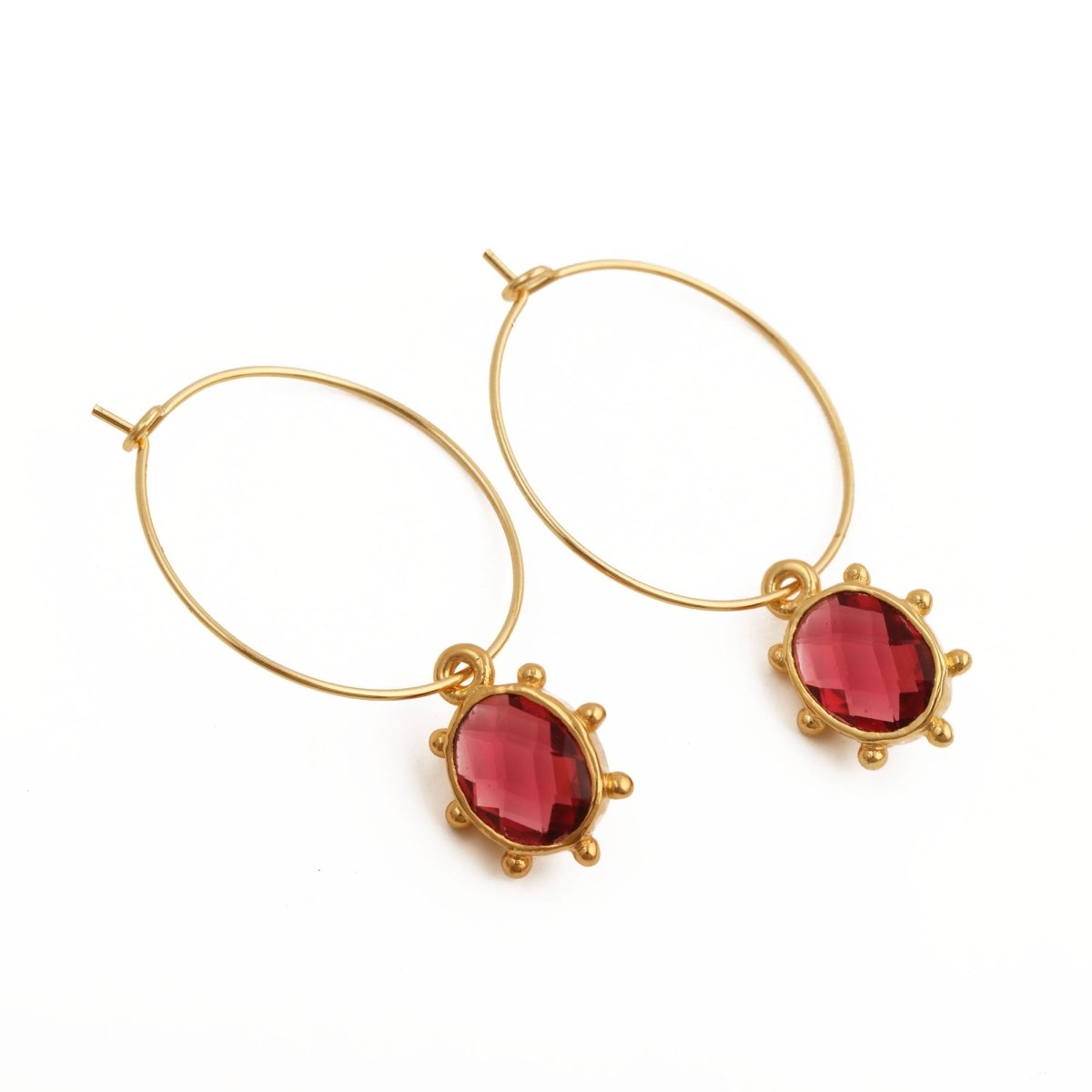 Emerald Faceted Gemstone Hoop Earrings, Gold Plated Drop Hoops 5275