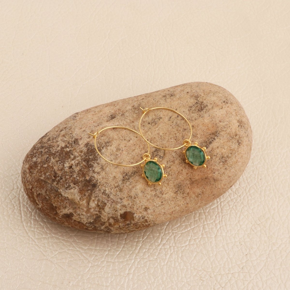 Emerald Faceted Gemstone Hoop Earrings, Gold Plated Drop Hoops 5275