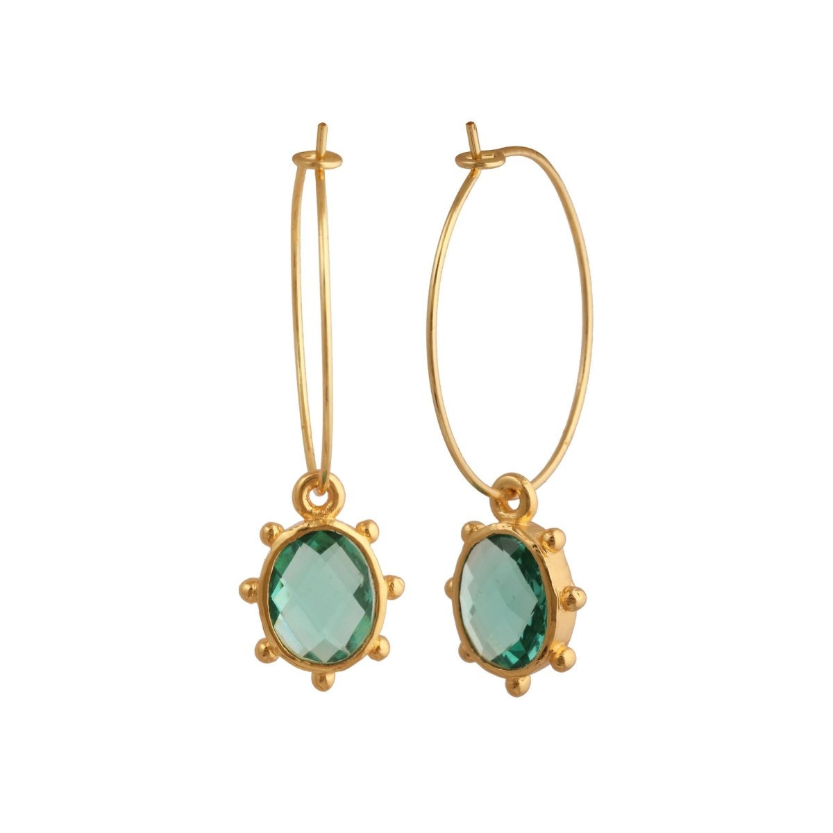 Emerald Faceted Gemstone Hoop Earrings, Gold Plated Drop Hoops 5275