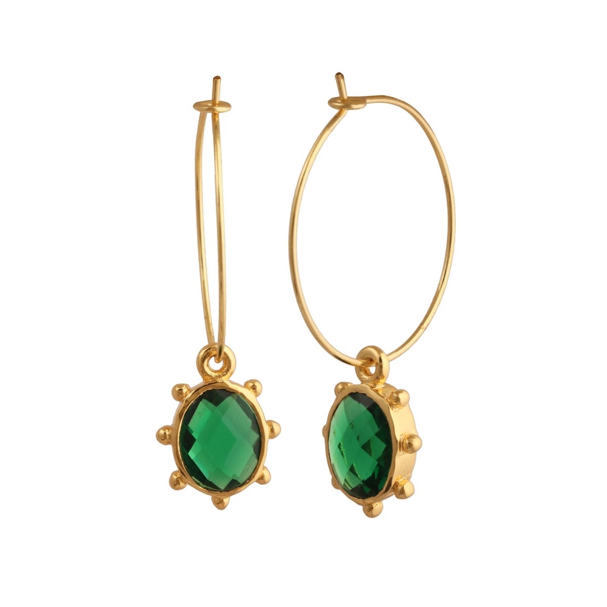 Emerald Faceted Gemstone Hoop Earrings, Gold Plated Drop Hoops 5275