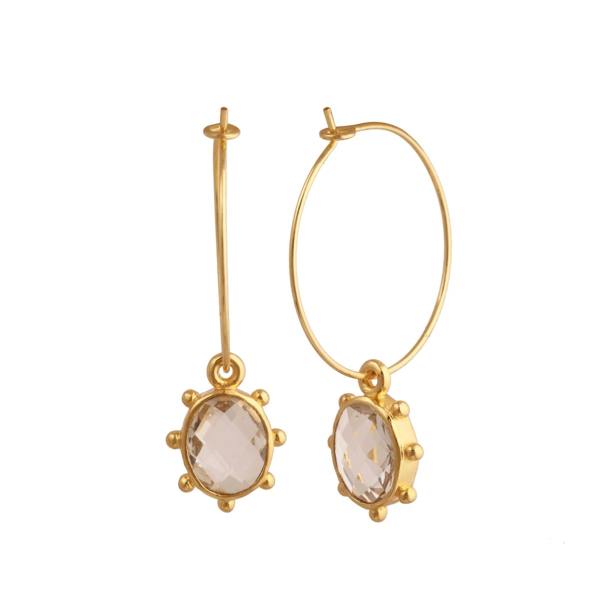 Emerald Faceted Gemstone Hoop Earrings, Gold Plated Drop Hoops 5275