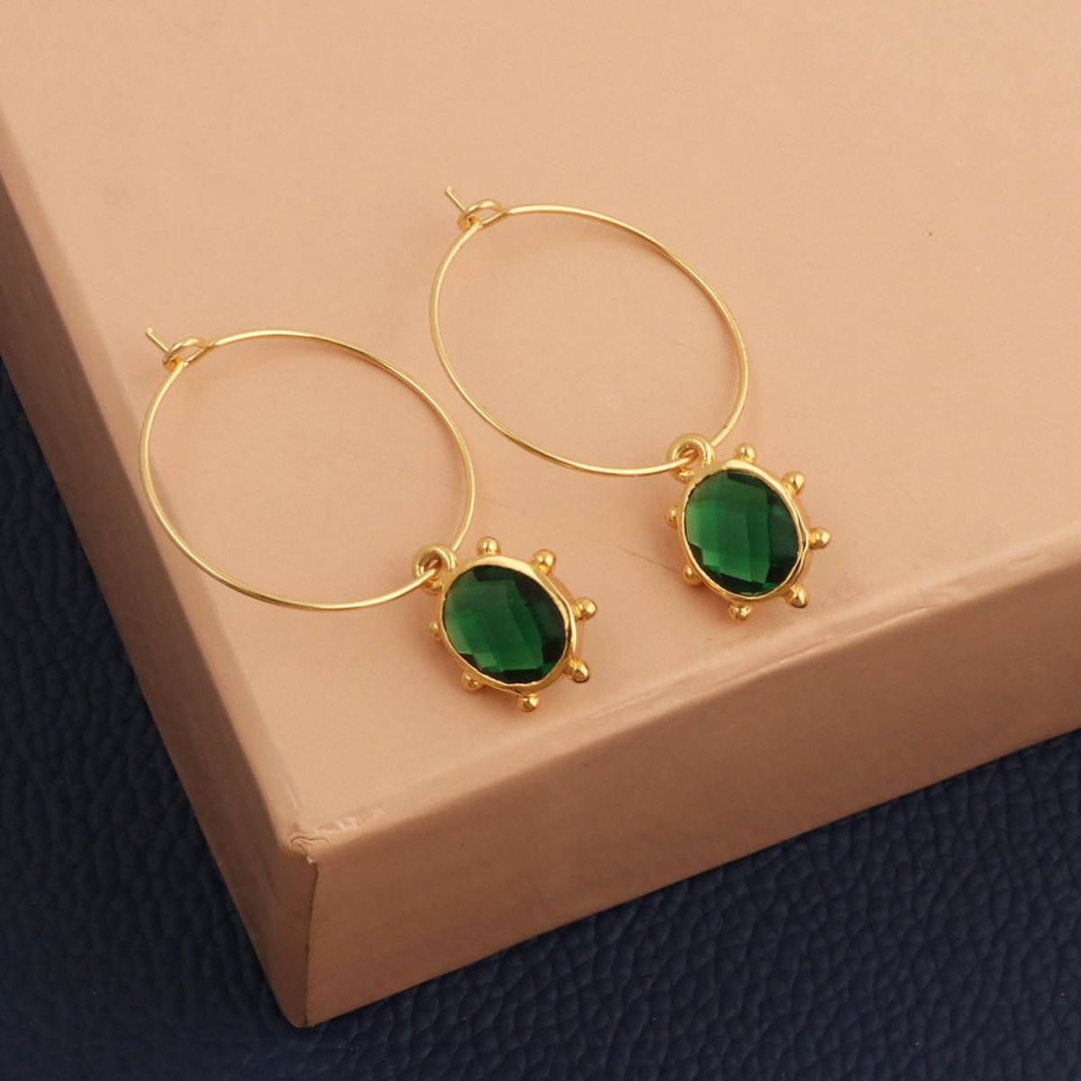 Emerald Faceted Gemstone Hoop Earrings, Gold Plated Drop Hoops 5275