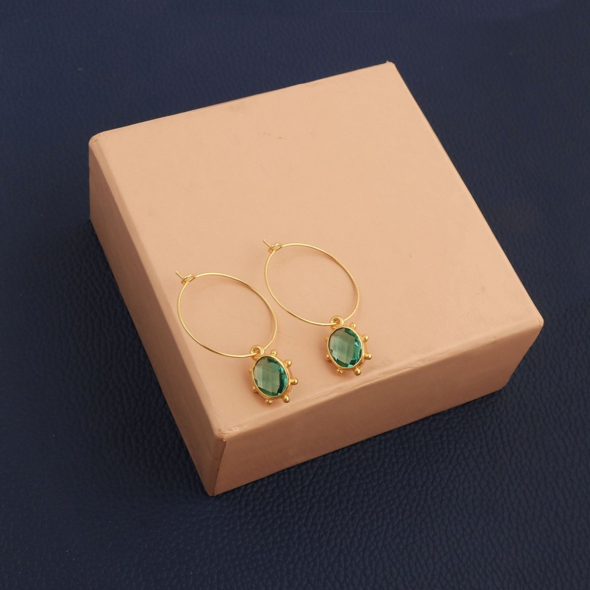 Emerald Faceted Gemstone Hoop Earrings, Gold Plated Drop Hoops 5275