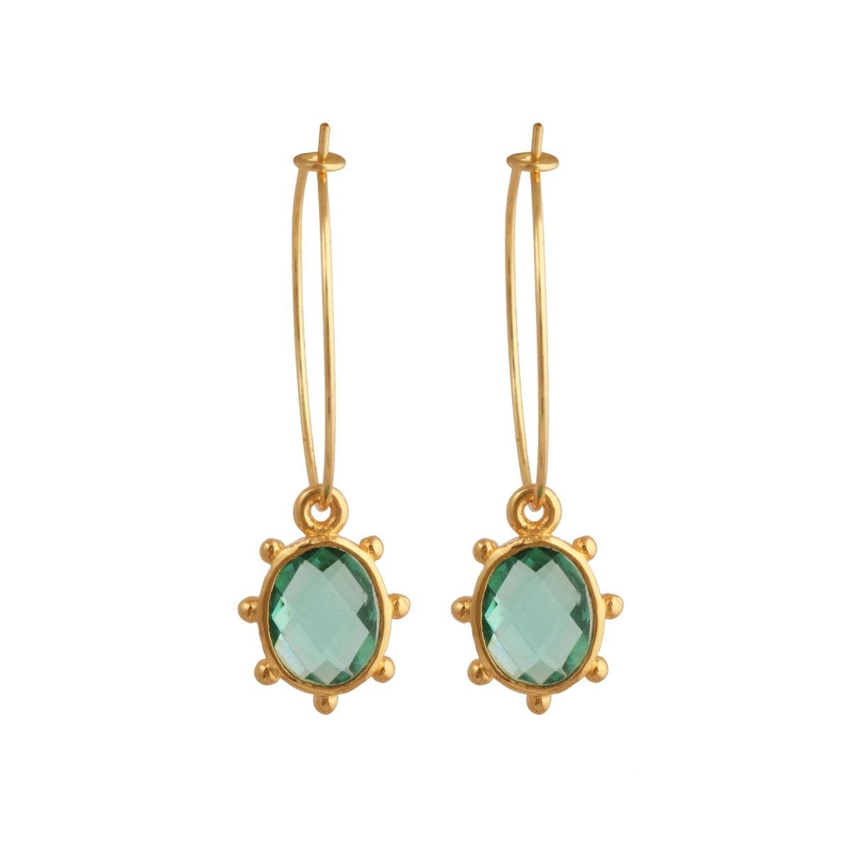Emerald Faceted Gemstone Hoop Earrings, Gold Plated Drop Hoops 5275