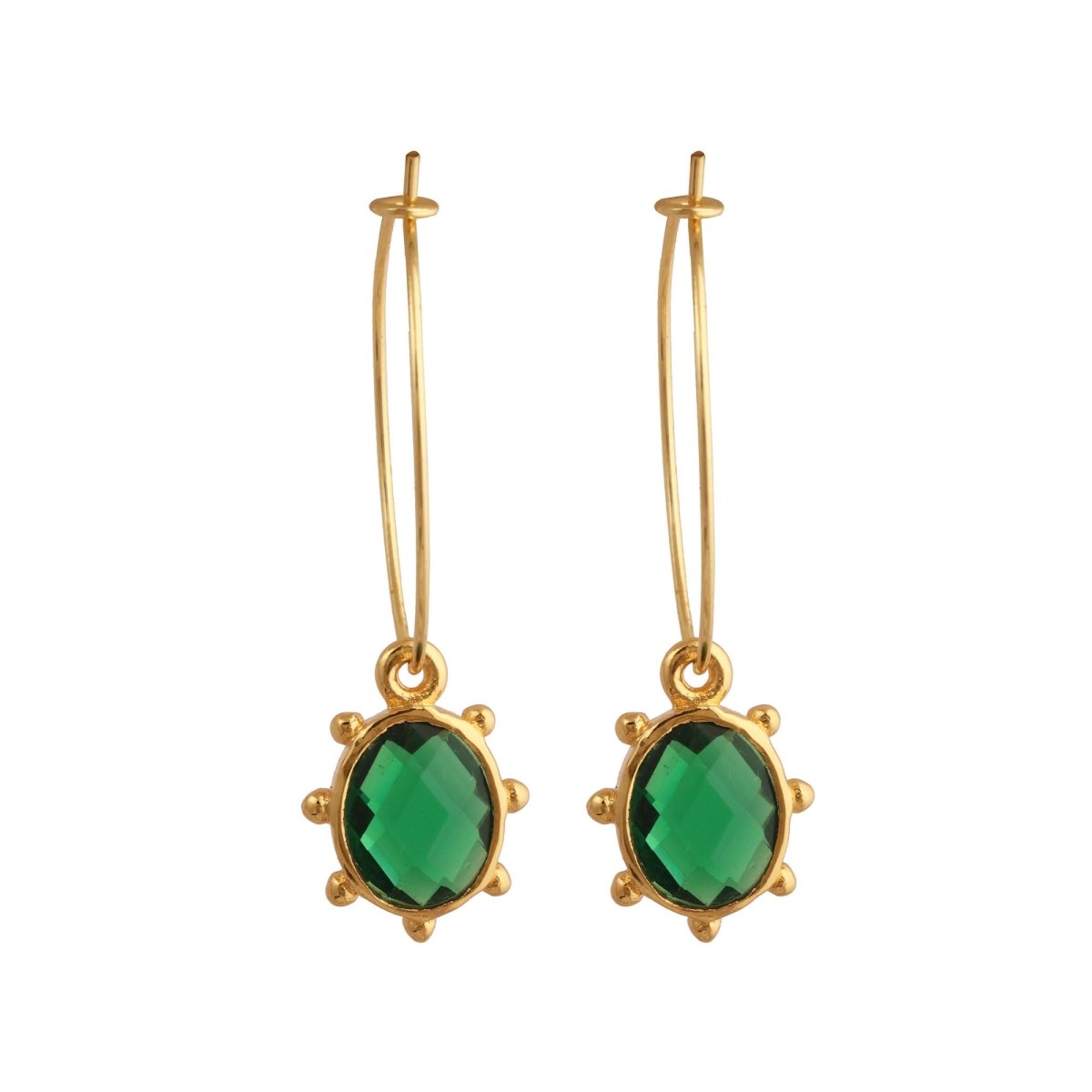 Emerald Faceted Gemstone Hoop Earrings, Gold Plated Drop Hoops 5275