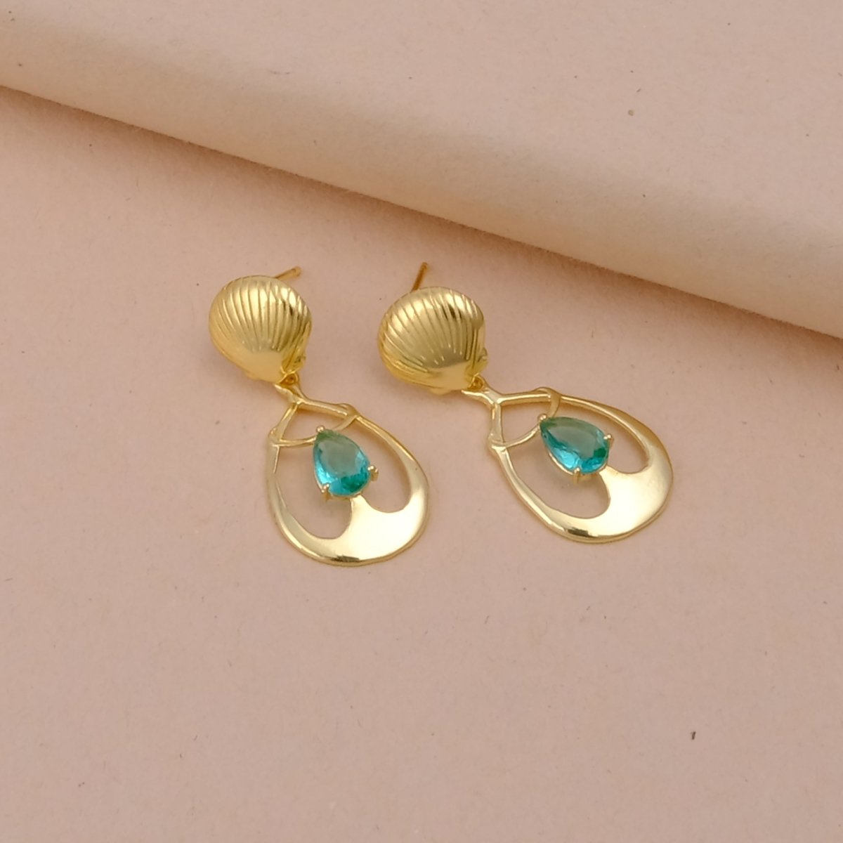 Emerald Gemstone Earrings, Seashell Teardrop Handmade Gold Plated Stud