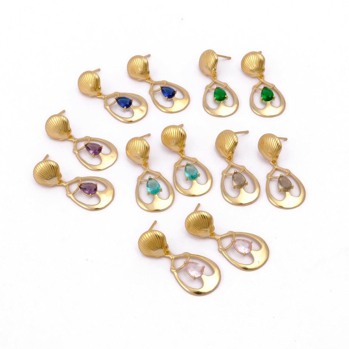 Emerald Gemstone Earrings, Seashell Teardrop Handmade Gold Plated Stud