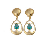 Emerald Gemstone Earrings, Seashell Teardrop Handmade Gold Plated Stud Apatite