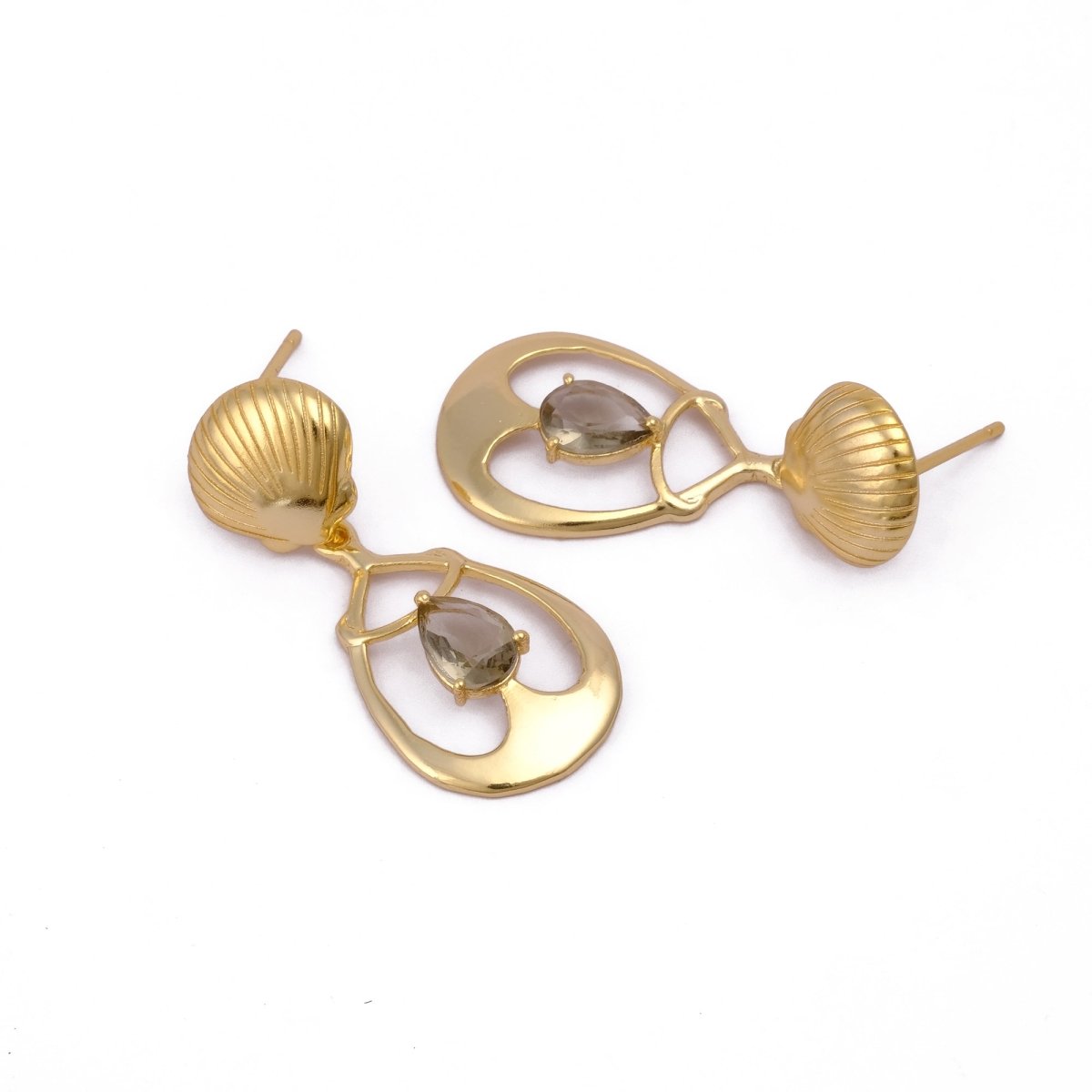 Emerald Gemstone Earrings, Seashell Teardrop Handmade Gold Plated Stud