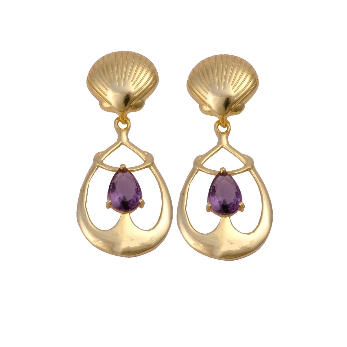 Emerald Gemstone Earrings, Seashell Teardrop Handmade Gold Plated Stud Purple Amethyst