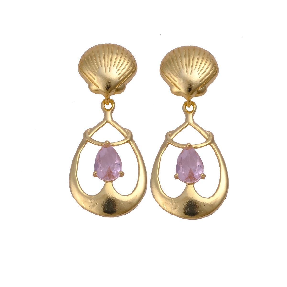 Emerald Gemstone Earrings, Seashell Teardrop Handmade Gold Plated Stud Rose Quartz