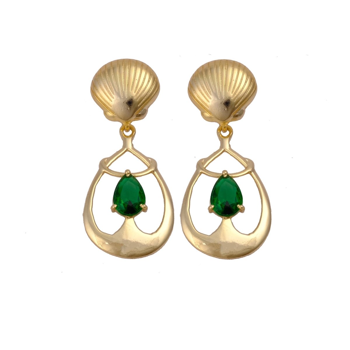 Emerald Gemstone Earrings, Seashell Teardrop Handmade Gold Plated Stud Emerald