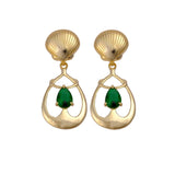 Emerald Gemstone Earrings, Seashell Teardrop Handmade Gold Plated Stud Emerald