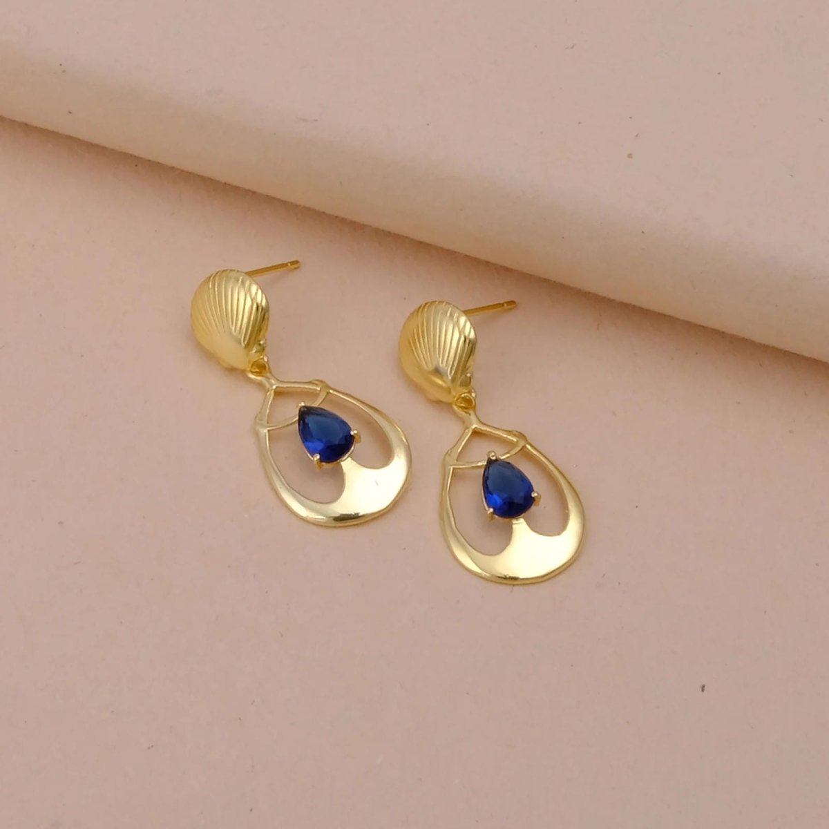 Emerald Gemstone Earrings, Seashell Teardrop Handmade Gold Plated Stud