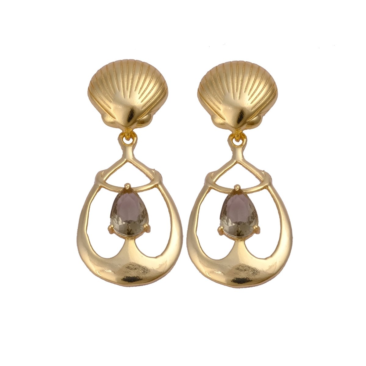 Emerald Gemstone Earrings, Seashell Teardrop Handmade Gold Plated Stud Smoky Quartz