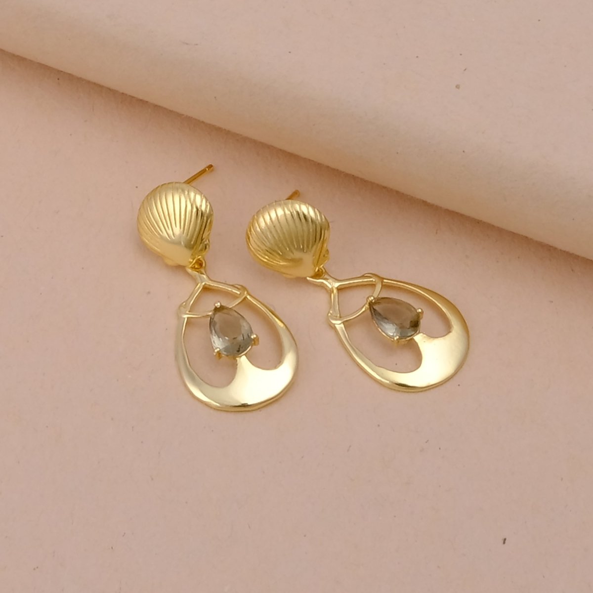 Emerald Gemstone Earrings, Seashell Teardrop Handmade Gold Plated Stud