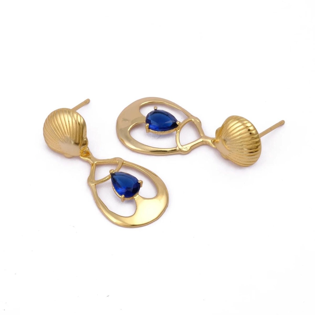Emerald Gemstone Earrings, Seashell Teardrop Handmade Gold Plated Stud