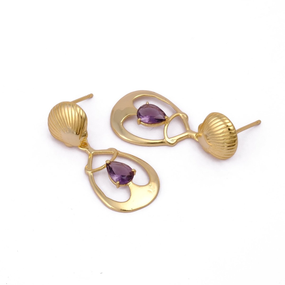 Emerald Gemstone Earrings, Seashell Teardrop Handmade Gold Plated Stud