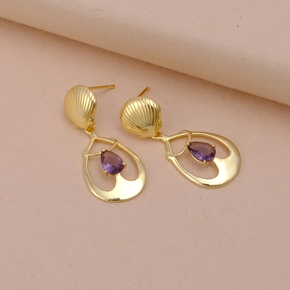 Emerald Gemstone Earrings, Seashell Teardrop Handmade Gold Plated Stud