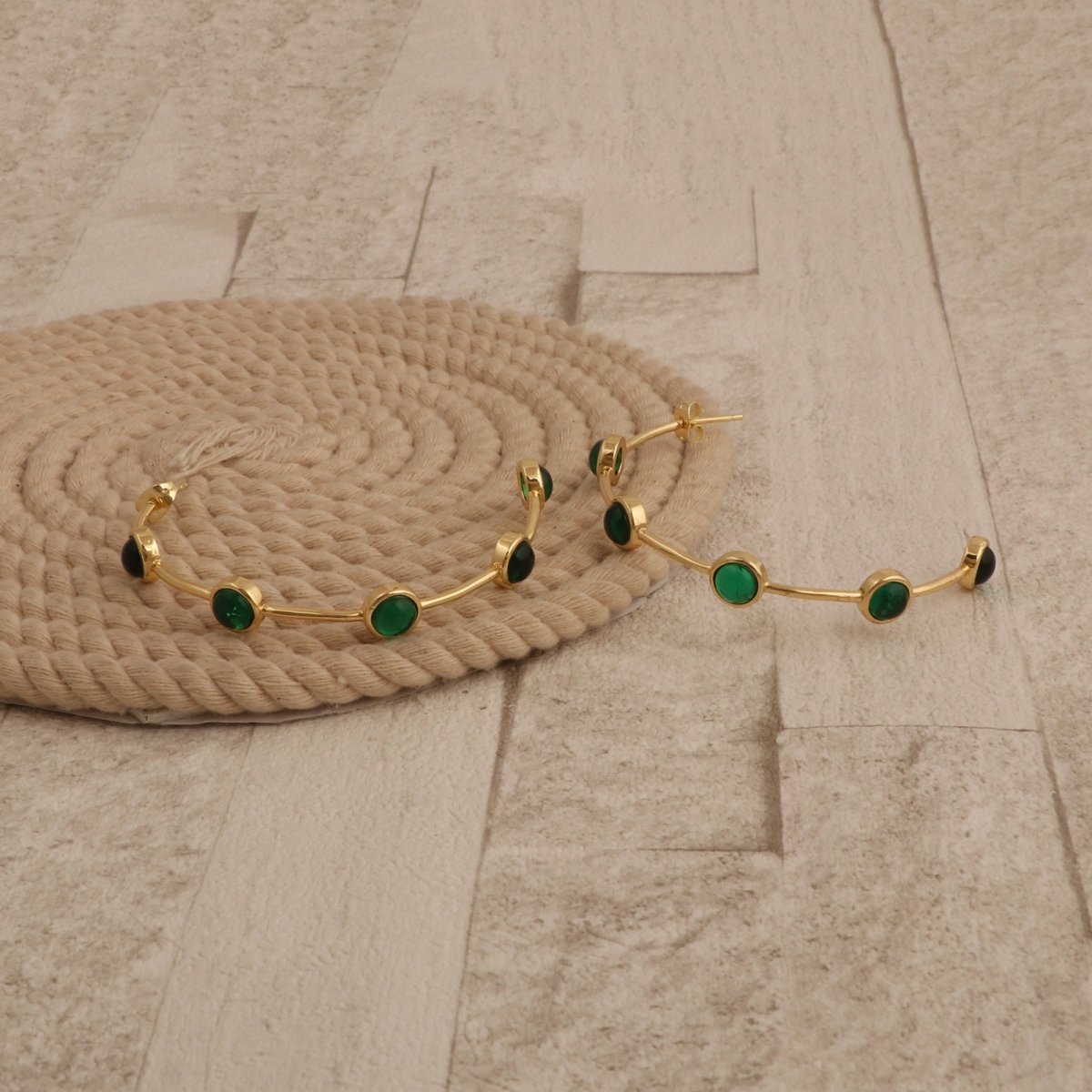 Emerald Gemstone Hoop Earrings, Gold Plated Bezel Set Jewelry CE - 1029