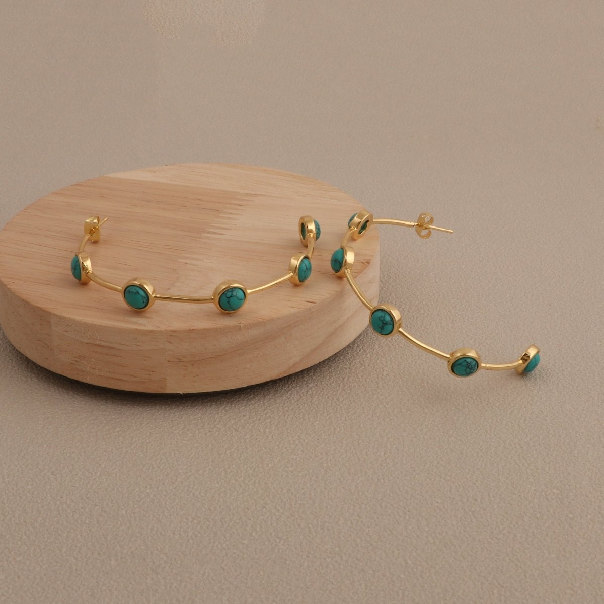 Emerald Gemstone Hoop Earrings, Gold Plated Bezel Set Jewelry CE - 1029