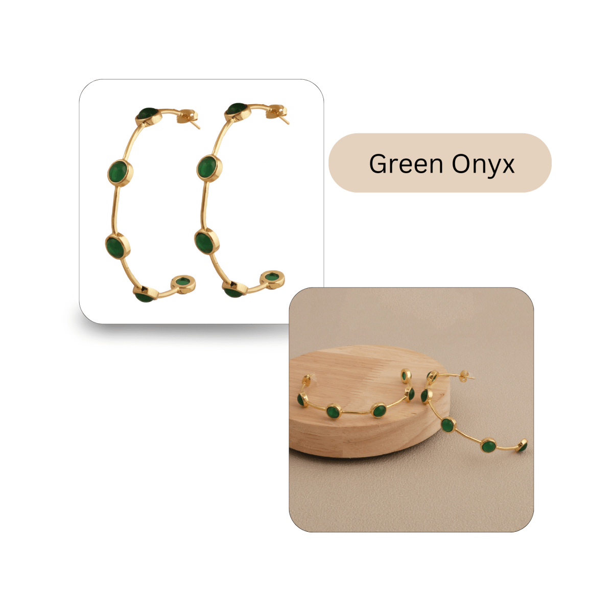 Emerald Gemstone Hoop Earrings, Gold Plated Bezel Set Jewelry CE - 1029
