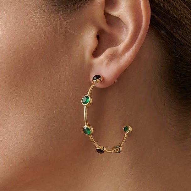 Emerald Gemstone Hoop Earrings, Gold Plated Bezel Set Jewelry CE - 1029