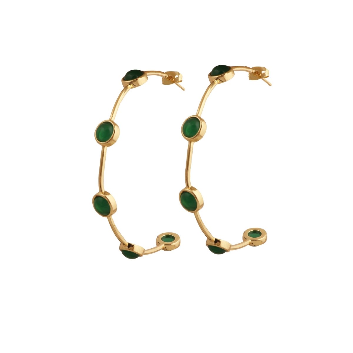 Emerald Gemstone Hoop Earrings, Gold Plated Bezel Set Jewelry CE - 1029
