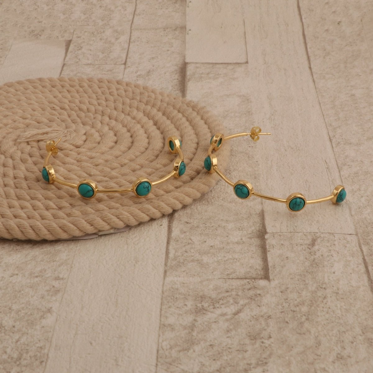 Emerald Gemstone Hoop Earrings, Gold Plated Bezel Set Jewelry CE - 1029