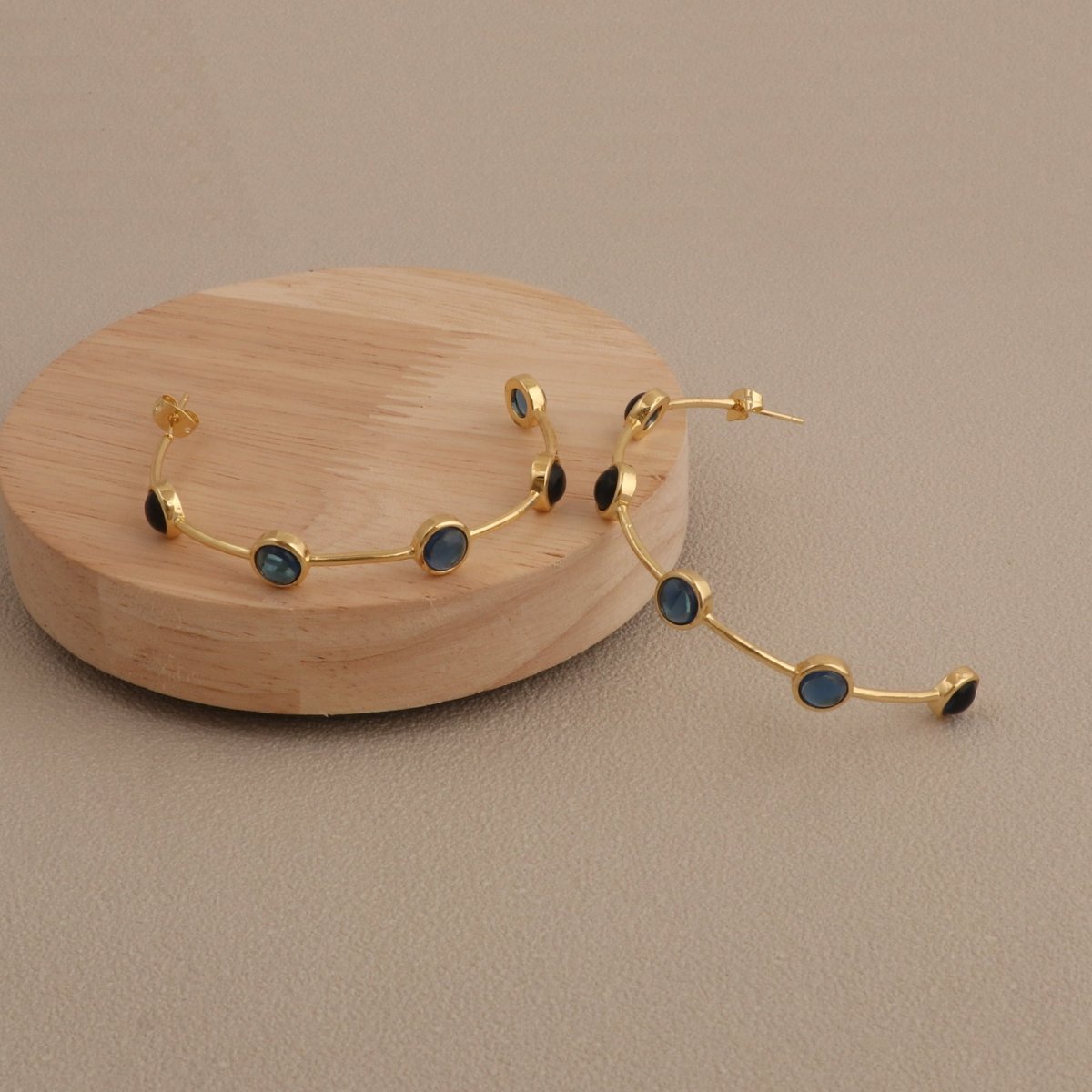 Emerald Gemstone Hoop Earrings, Gold Plated Bezel Set Jewelry CE - 1029