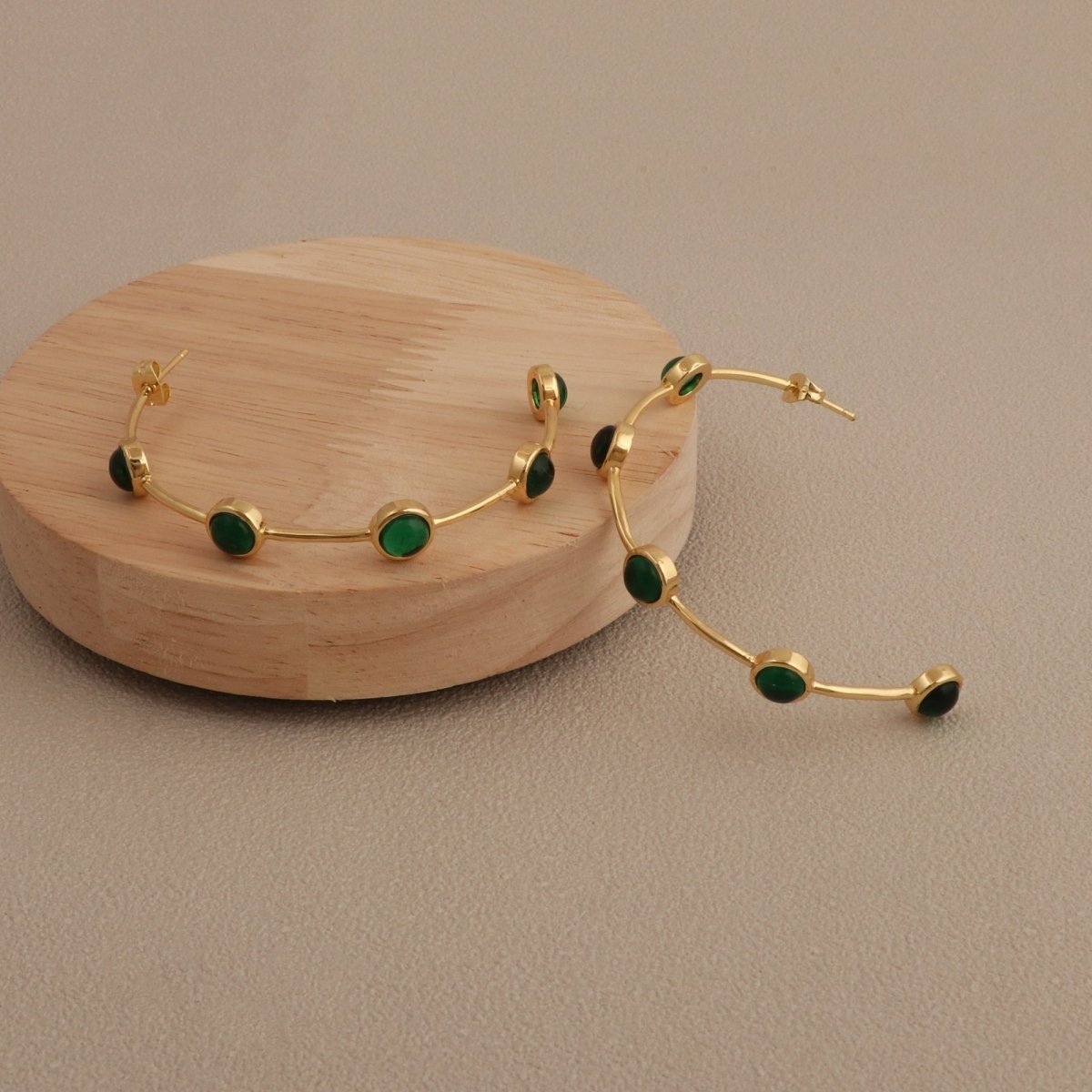 Emerald Gemstone Hoop Earrings, Gold Plated Bezel Set Jewelry CE - 1029