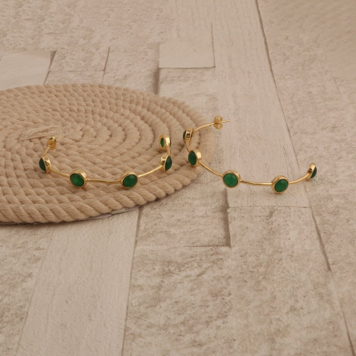 Emerald Gemstone Hoop Earrings, Gold Plated Bezel Set Jewelry CE - 1029