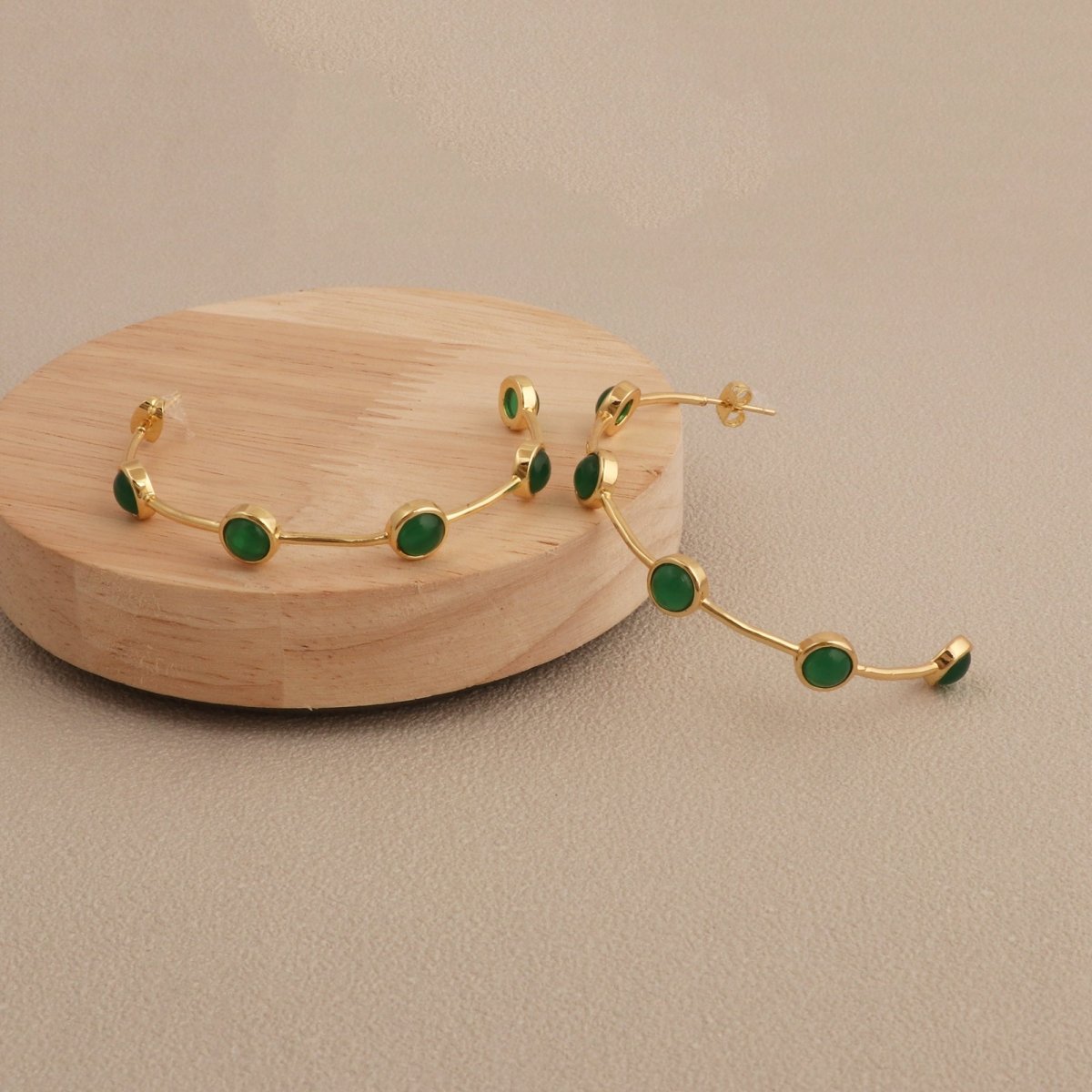 Emerald Gemstone Hoop Earrings, Gold Plated Bezel Set Jewelry CE - 1029