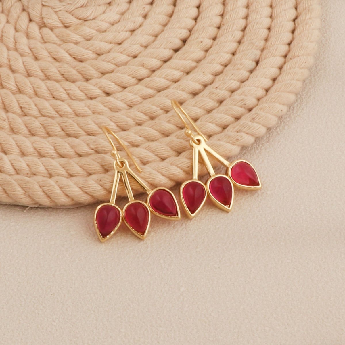 Emerald Gemstone Triple Teardrop Dangle Earrings, Gold Plated Jewelry CE - 1008