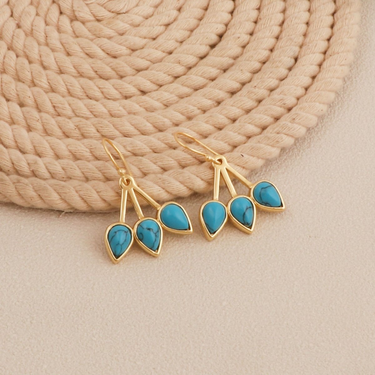 Emerald Gemstone Triple Teardrop Dangle Earrings, Gold Plated Jewelry CE - 1008