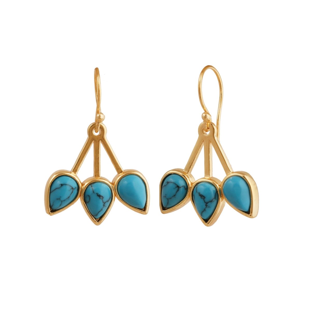 Emerald Gemstone Triple Teardrop Dangle Earrings, Gold Plated Jewelry CE - 1008