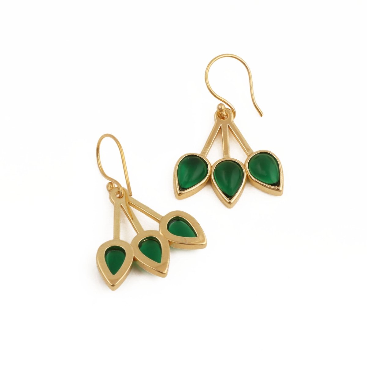Emerald Gemstone Triple Teardrop Dangle Earrings, Gold Plated Jewelry CE - 1008