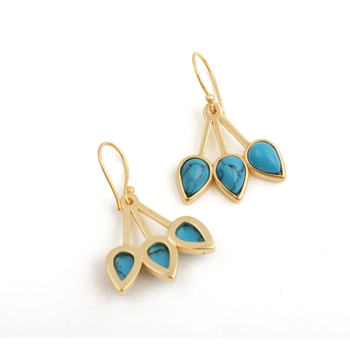 Emerald Gemstone Triple Teardrop Dangle Earrings, Gold Plated Jewelry CE - 1008