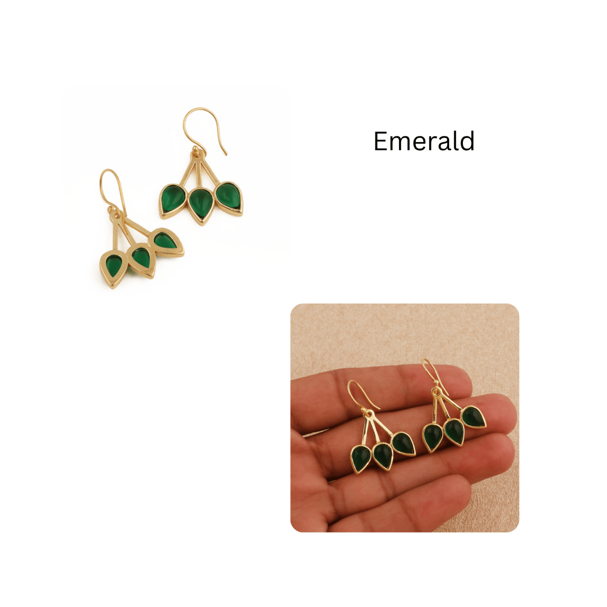 Emerald Gemstone Triple Teardrop Dangle Earrings, Gold Plated Jewelry CE - 1008
